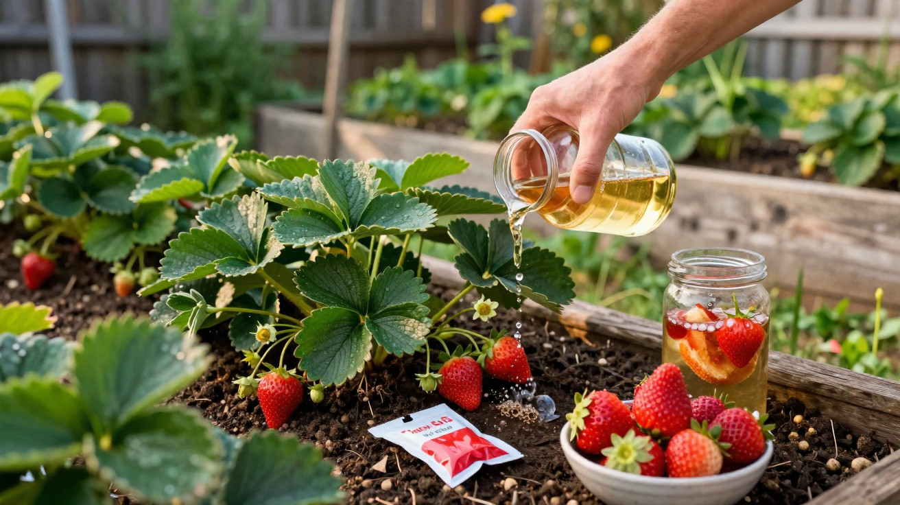 Hand gießt Flüssigkeit auf Erdbeerpflanze im Gartenbeet, frische Erdbeeren in Schale und Glas.
