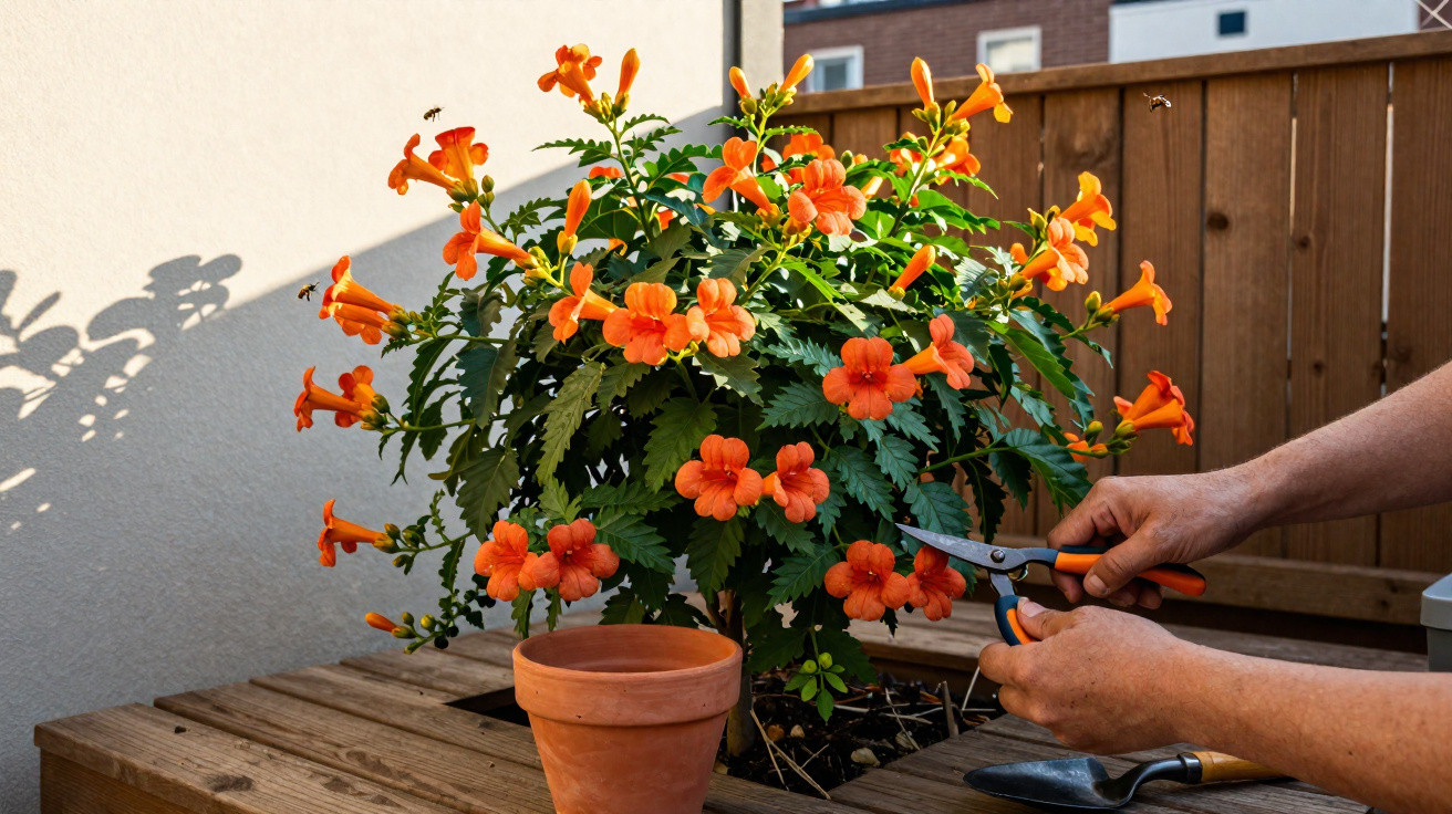 Person schneidet orangefarbene Trompetenblumen in einem Pflanzkübel auf einer Holzterrasse.