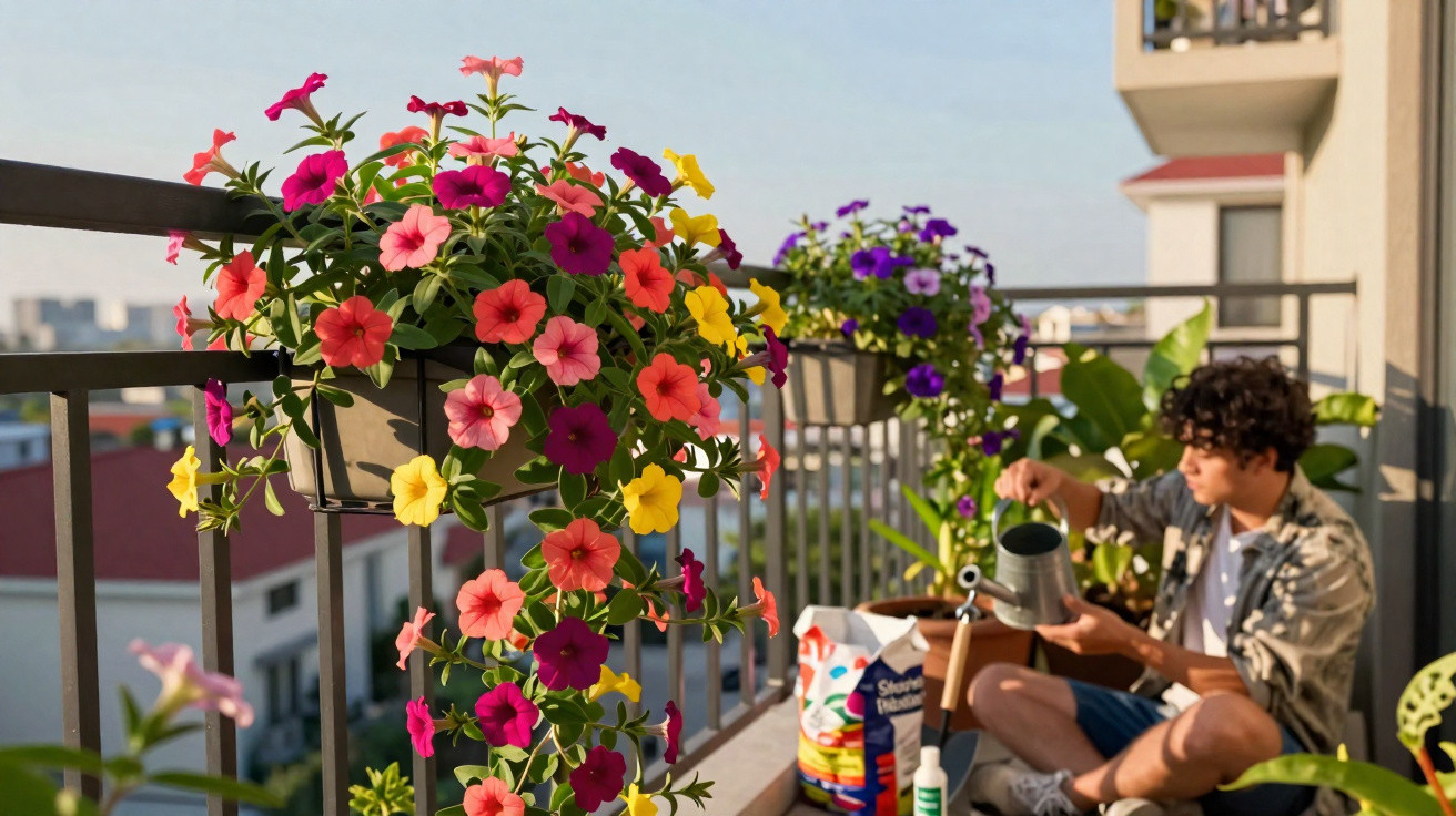 Bunte Blütenpflanzen hängen am Balkongeländer, im Hintergrund gießt eine Person die Blumen.