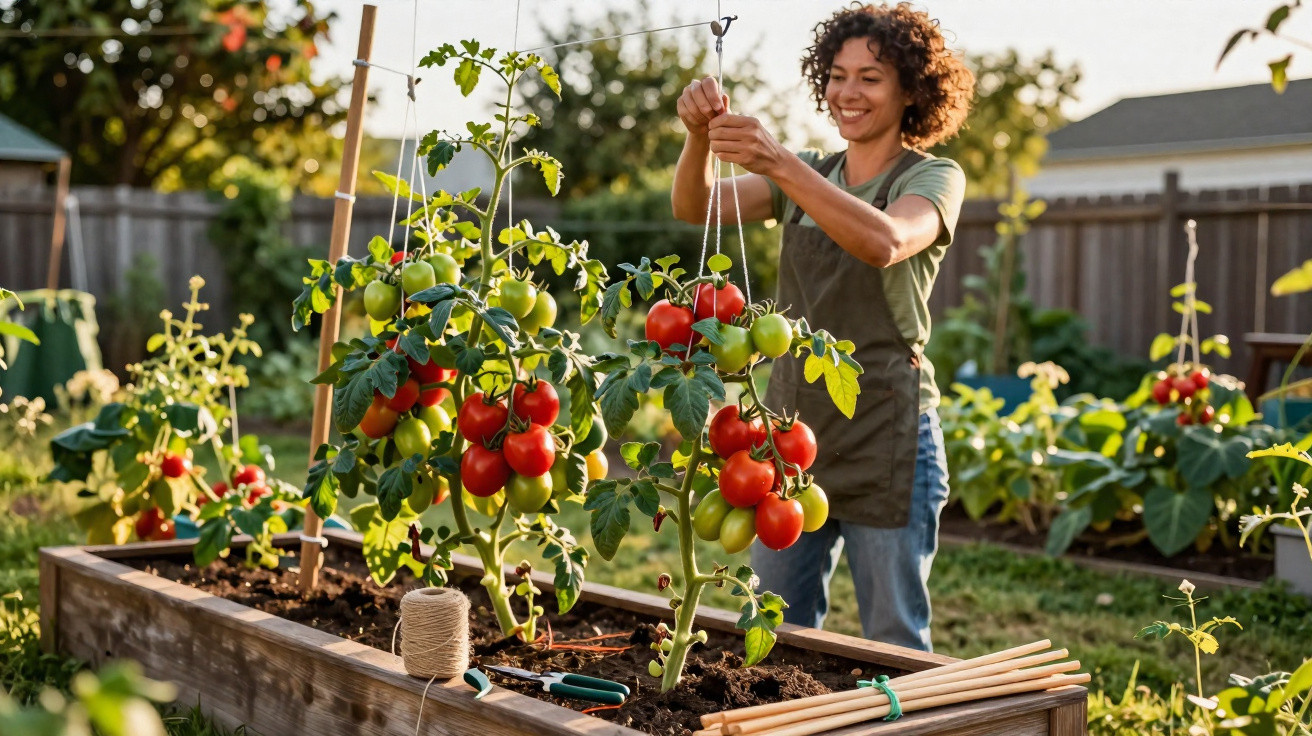 Frau bindet reife Tomatenpflanzen in einem Hochbeet in sonnigem Garten auf.
