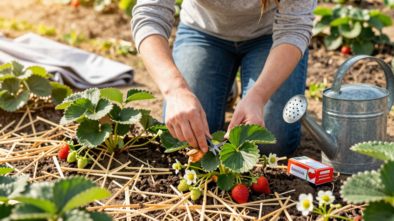 Person schneidet Blätter von Erdbeerpflanzen in einem Garten mit Gießkanne und Pflanzenschutzmittel ab.