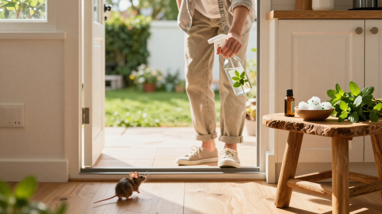 Mensch mit Sprühflasche mit Blättern vor offener Terrassentür, eine Maus läuft ins Zimmer.