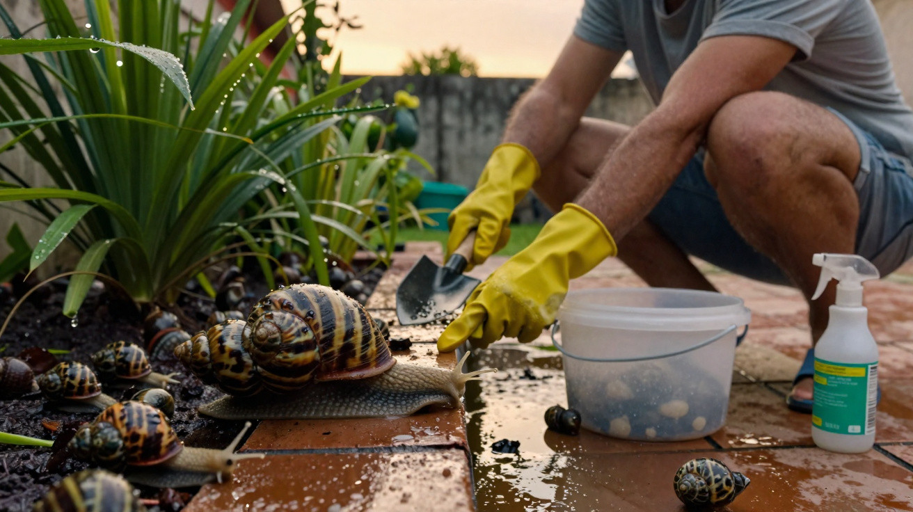 Person mit Gelben Handschuhen entfernt Schnecken im Garten mit Schaufel und Eimer bei Abendlicht.