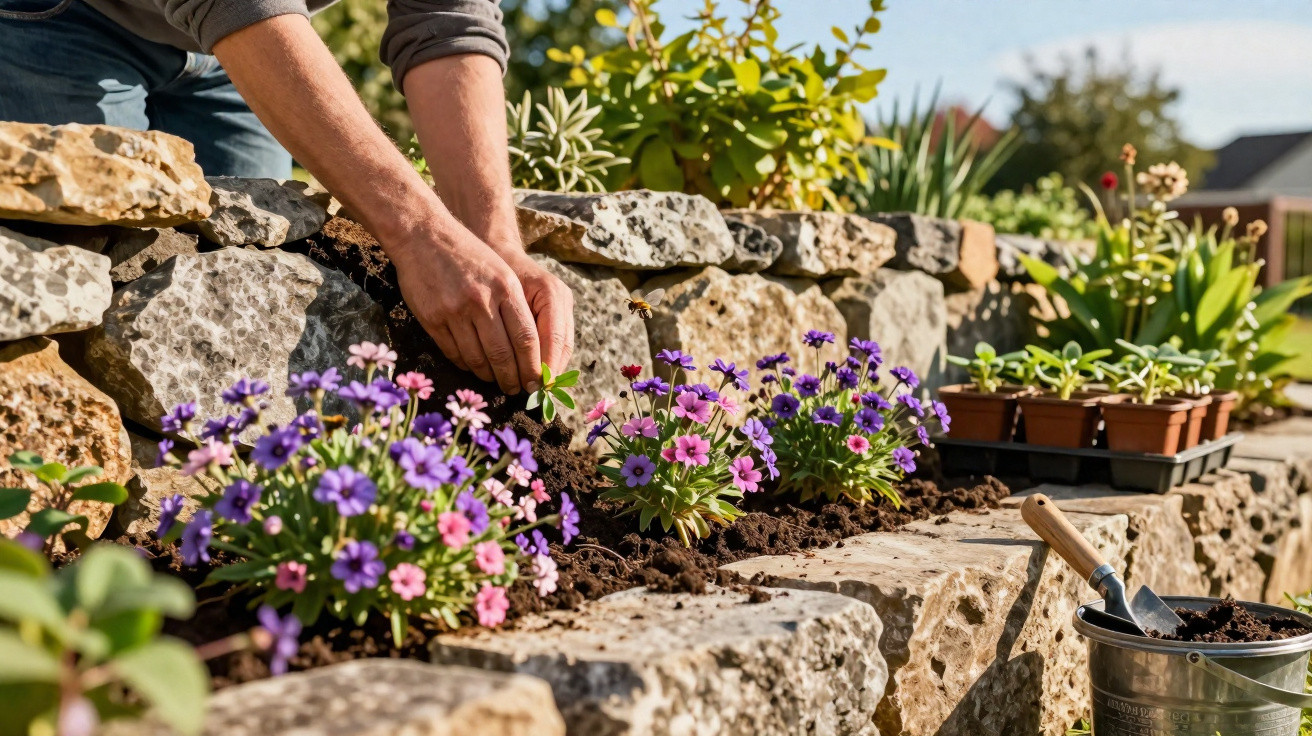 Person pflanzt bunte Blumen in ein Hochbeet aus Natursteinen im sonnigen Garten.