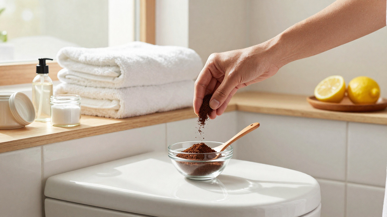Hand streut braunes Pulver aus einer Schale auf einer Toilettenabdeckung im Badezimmer.