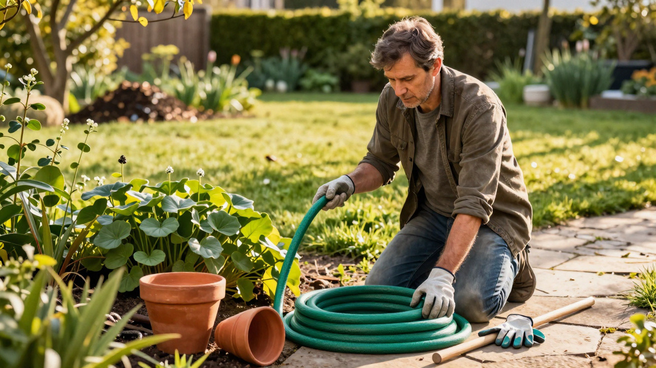 Mann kniet im Garten, rollt einen grünen Gartenschlauch auf, umgeben von Pflanzen und Blumentöpfen.