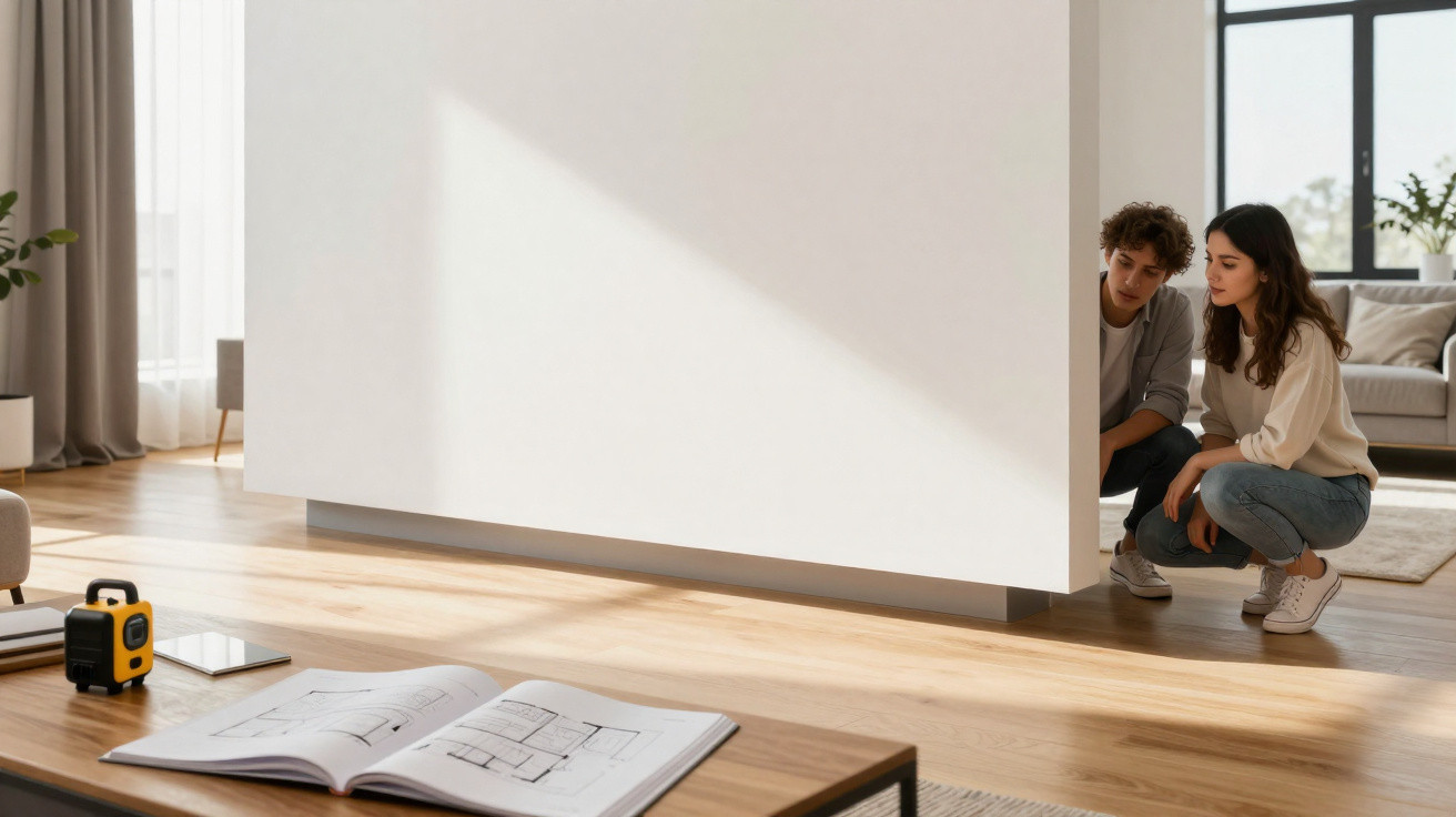 Junges Paar betrachtet Boden im modernen Wohnzimmer mit Bauplänen und Messgerät auf dem Tisch.