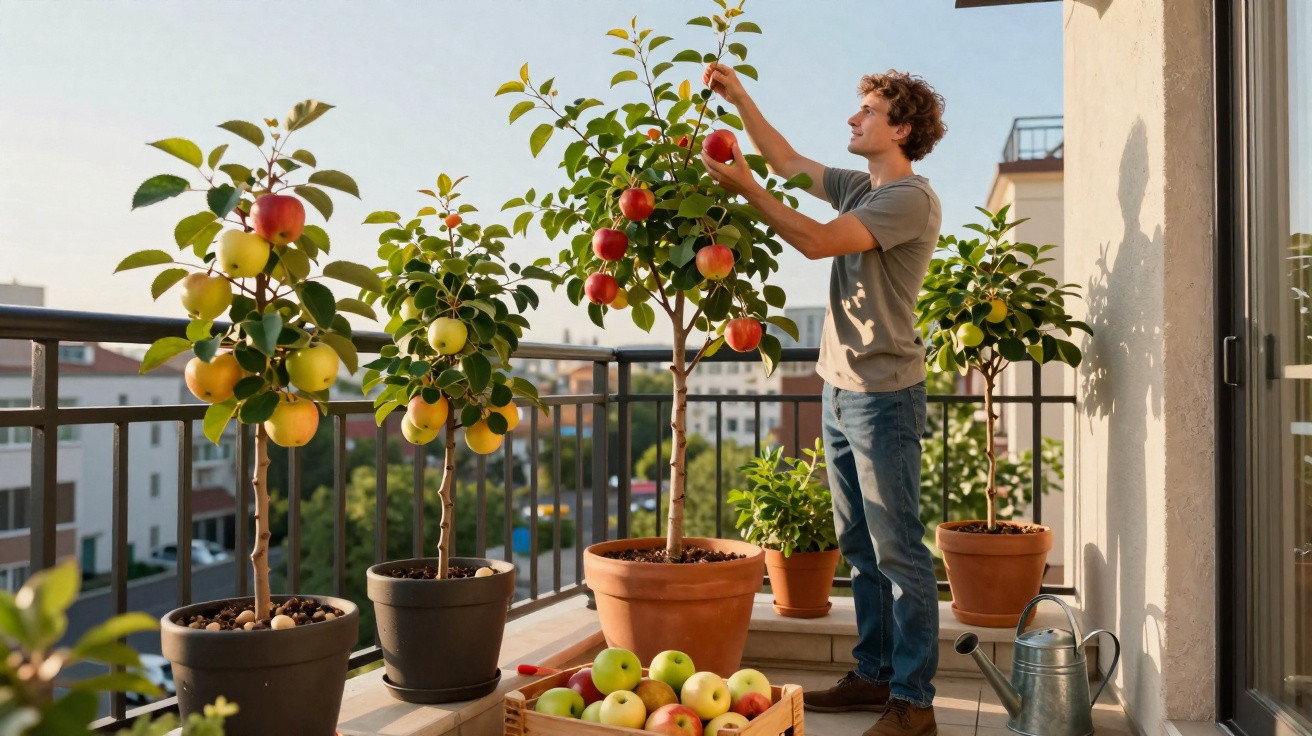 Mann pflückt reife Äpfel von einem Apfelbaum auf einem Balkon mit mehreren Töpfen.