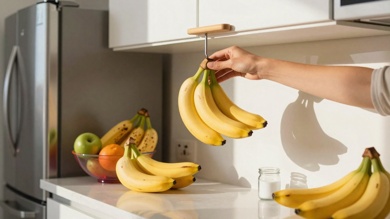 Hand hängt Bananen an einen Holzhalter in einer hellen Küche mit Obstschale auf der Arbeitsplatte.