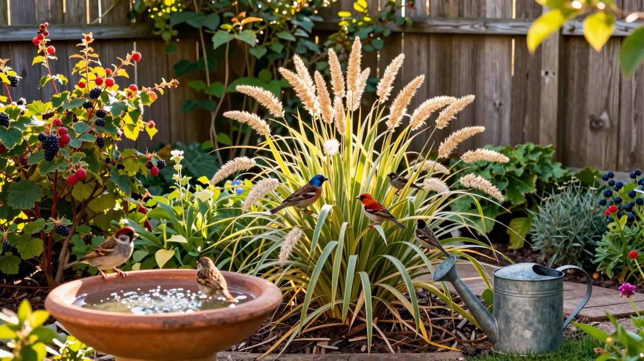 Vogelbad mit mehreren kleinen Vögeln, umgeben von Gartenpflanzen, Beerensträuchern und einer Gießkanne.