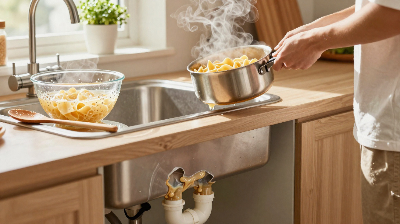 Person gießt dampfende Pasta in ein Sieb über der Küchenspüle, Rohr und Wasserhahn sichtbar.