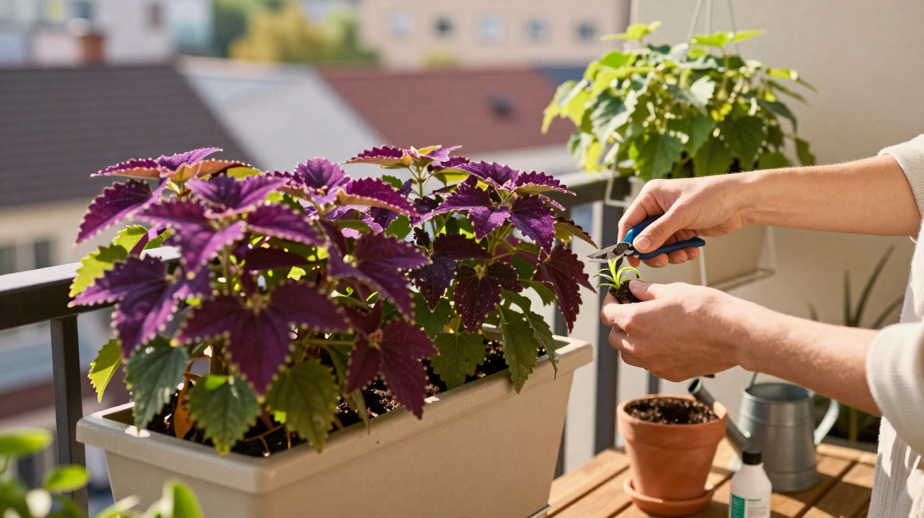 Person schneidet Pflanze auf Balkon mit Rosenschere und Blumentöpfen im Hintergrund.