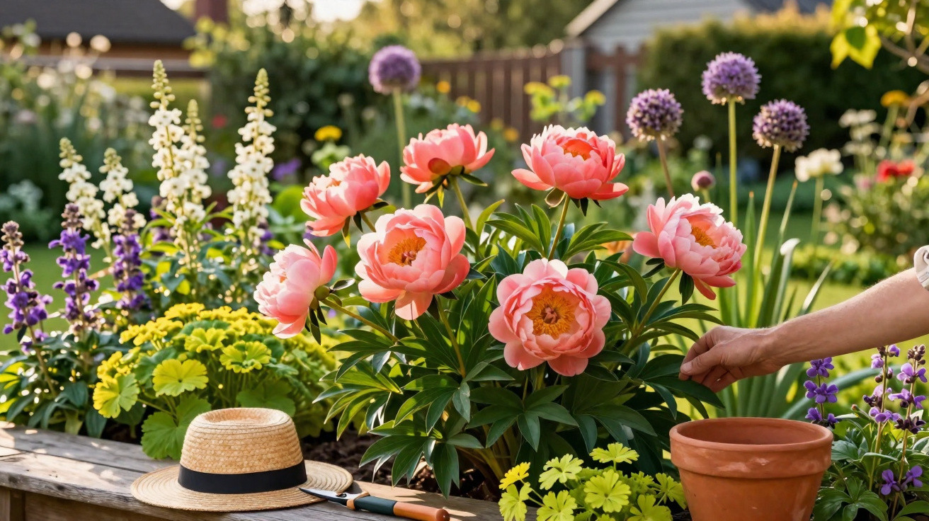 Bunte Frühlingsblumen im Gartenbeet mit Pfingstrosen, Gartengerät und Strohhut bei Sonnenlicht.