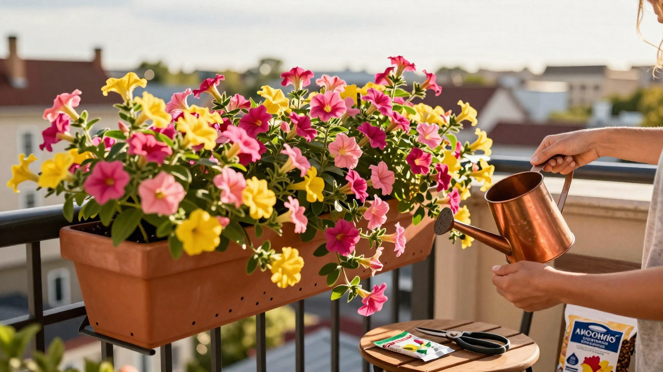 Bunte Petunien in Blumenkasten auf Balkon werden mit einer Kupfer-Gießkanne gegossen.