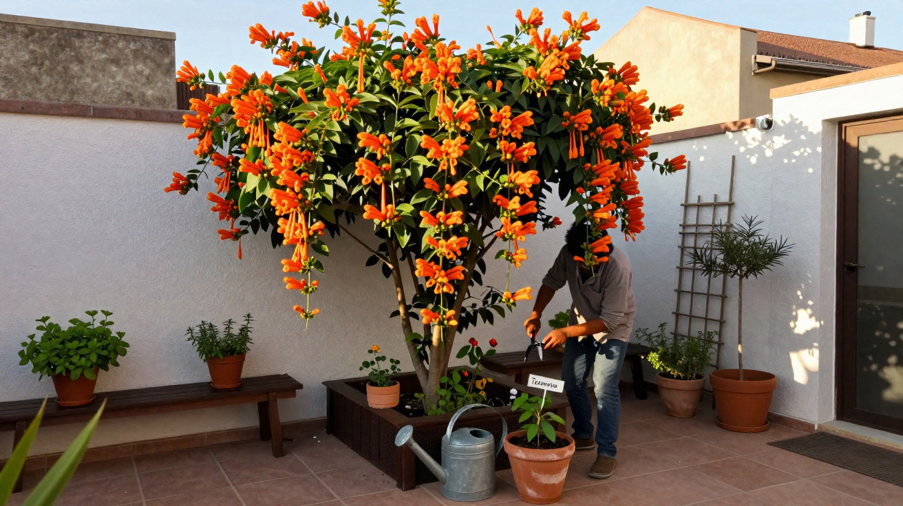 Person gießt Pflanzen unter einem Baum mit orangefarbenen Blüten auf einer Terrasse.