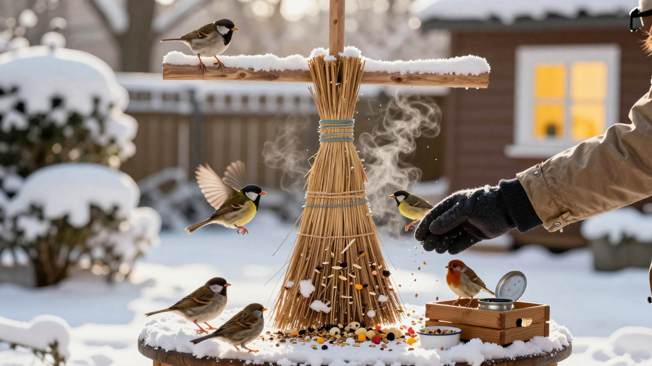 Verschneiter Vogelhäuschen-Tisch mit verschiedenen Vögeln und einer Hand, die Futter ausstreut.