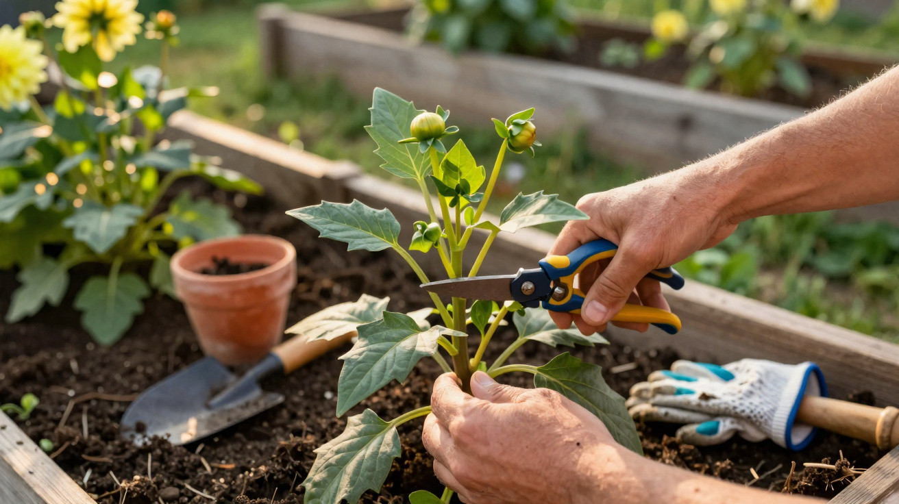 Person schneidet im Garten mit einer Gartenschere eine grüne Pflanze in einem Hochbeet zurück.