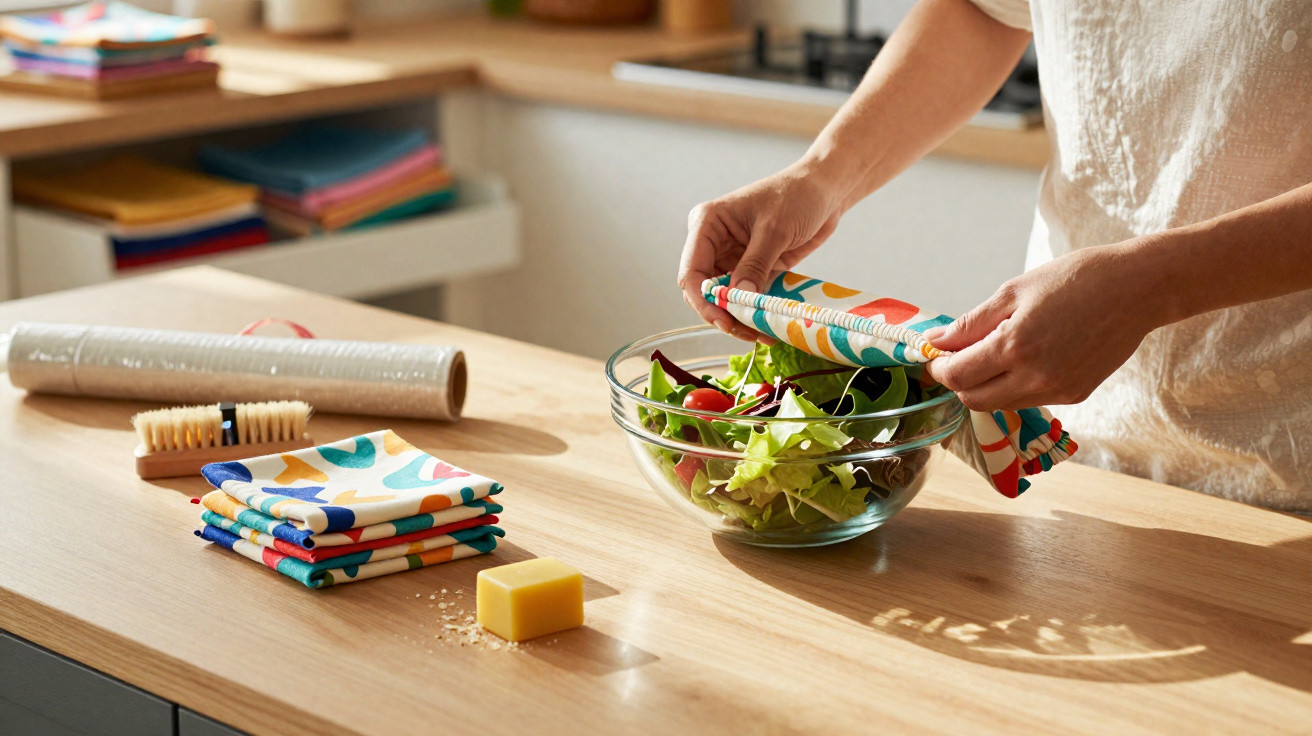 Person bedeckt Glasschüssel mit frischem Salat auf Holztisch mit bunten Wachstüchern und Bürste.