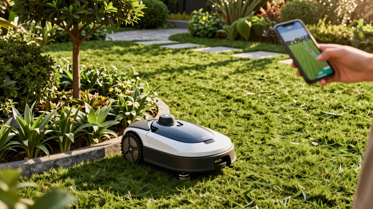 Person steuert Mähroboter im Garten per Smartphone-App bei sonnigem Wetter.