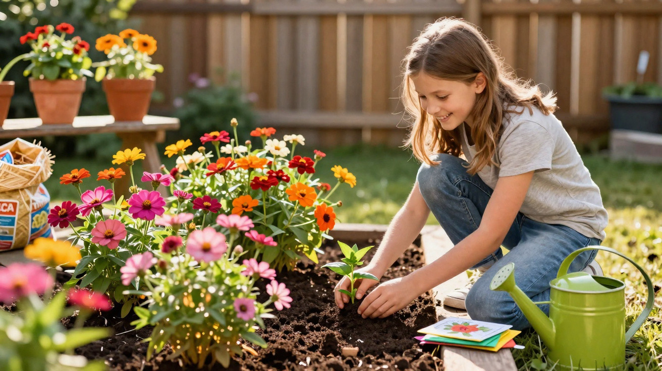 Mädchen pflanzt im Garten eine junge Pflanze, umgeben von bunter Blumenpracht und Gartengeräten.