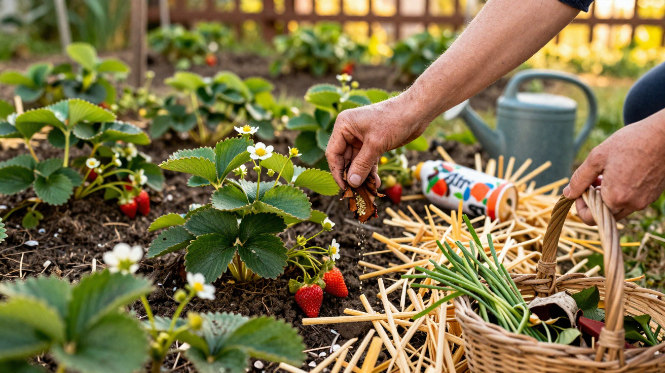 Hände ernten reife Erdbeeren in einem Gartenbeet mit grünen Blättern und Blüten.