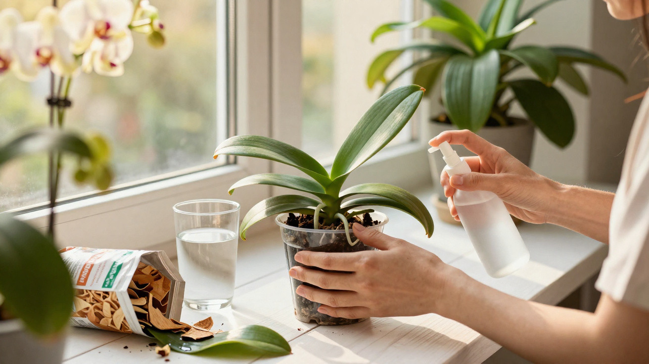 Frau pflegt Orchideenpflanze auf Fensterbank, besprüht Blätter, Glas Wasser und Orchideenblüte im Hintergrund.