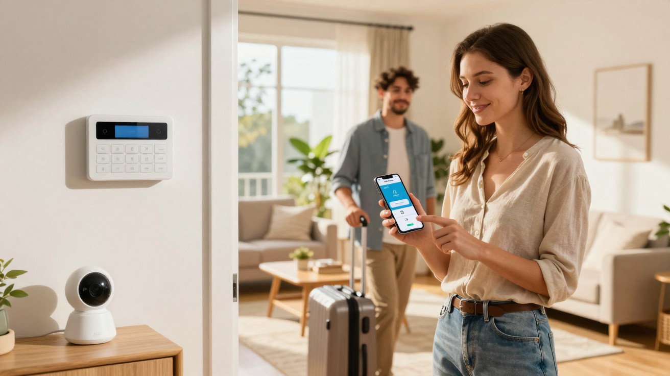 Frau steuert Smart-Home-Sicherheitsanlage per Smartphone, Mann mit Koffer im hellen Wohnzimmer im Hintergrund.