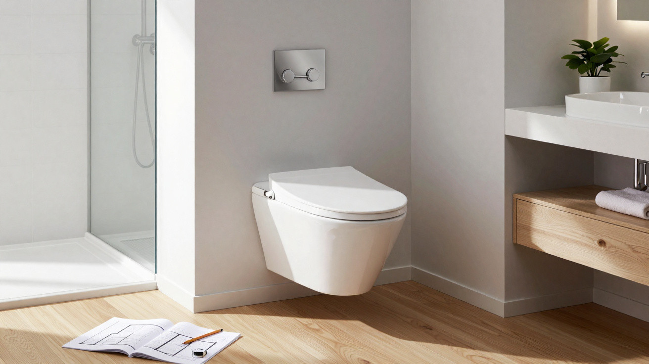 Moderner, weißer Hänge-WC in einem hellen Badezimmer mit Dusche, Holzfußboden und Waschbecken mit Unterschrank.