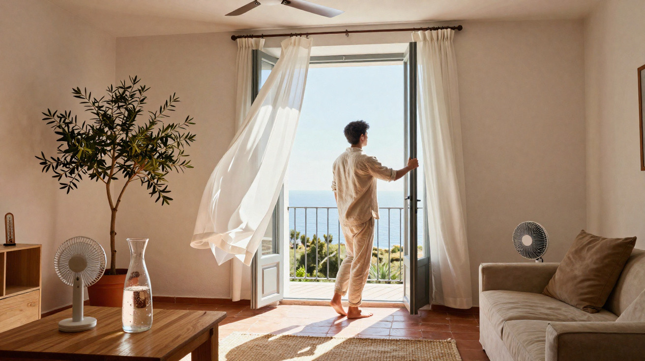 Person steht barfuß am offenen Balkon mit Blick auf das Meer in einem hellen, gemütlichen Wohnzimmer.
