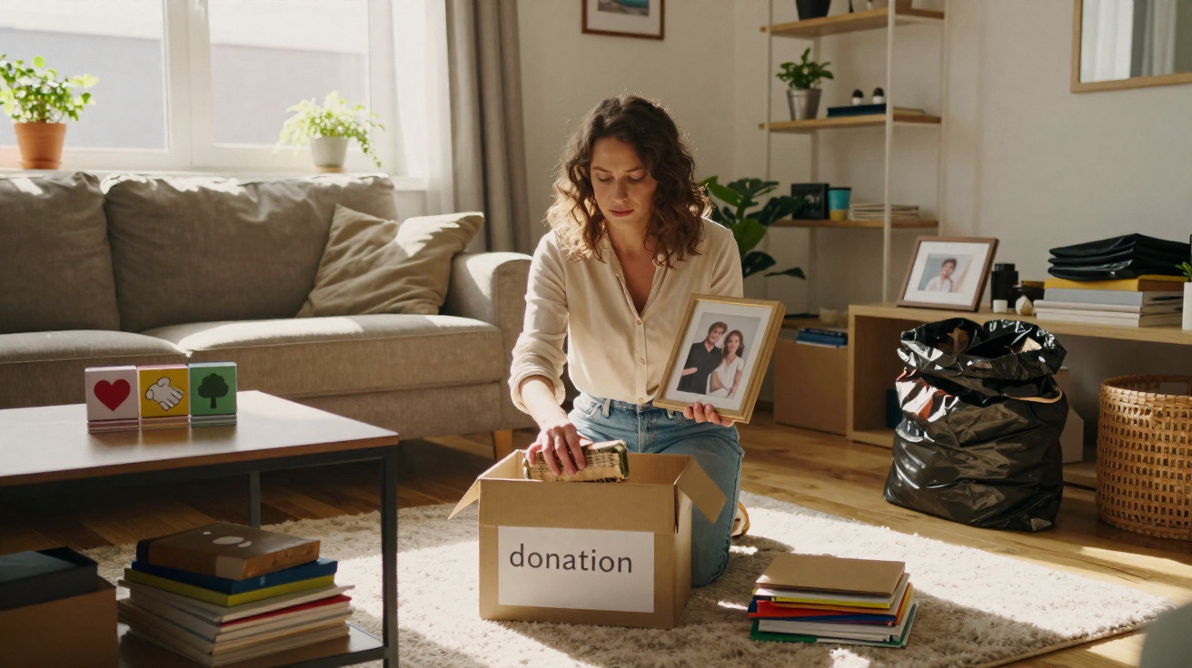 Frau sortiert Fotos und Bücher für Spende in einem gemütlichen Wohnzimmer mit Sofa und Pflanzen.
