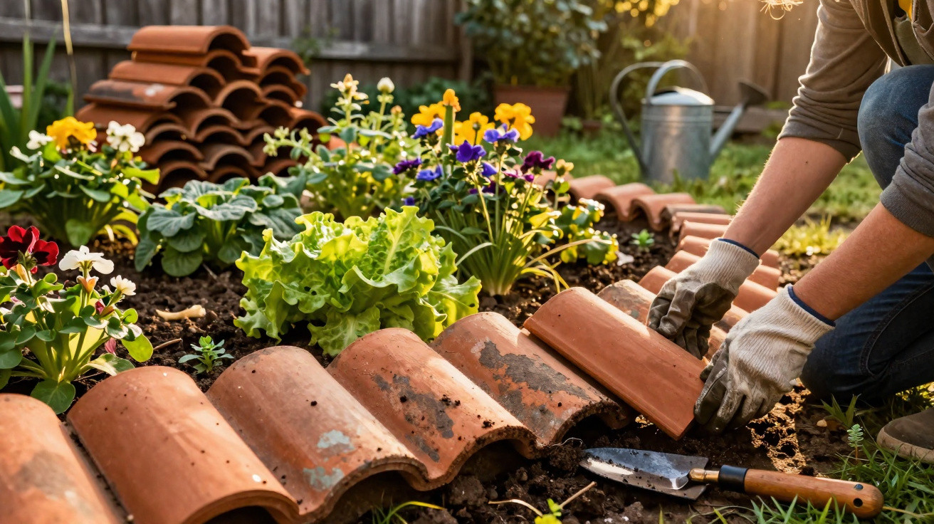 Person legt Dachziegel als Beetbegrenzung um bunte Blumen und Salat im Garten an.