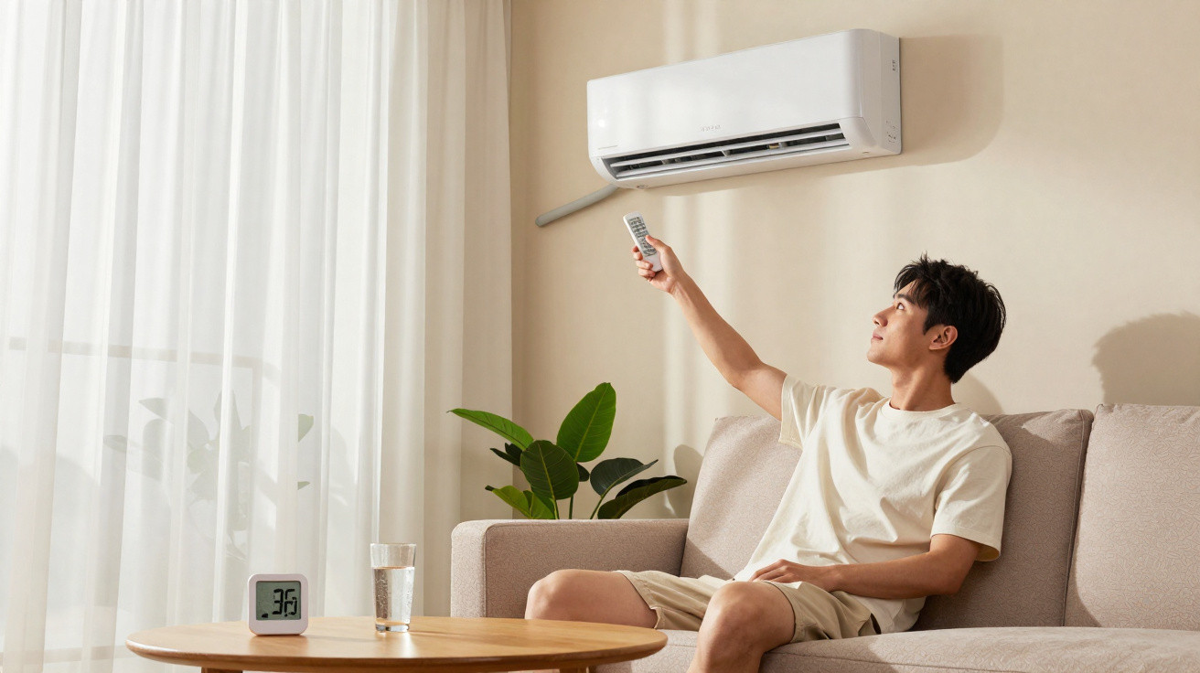 Mann auf Sofa stellt die Klimaanlage mit Fernbedienung in hellem Wohnzimmer ein.