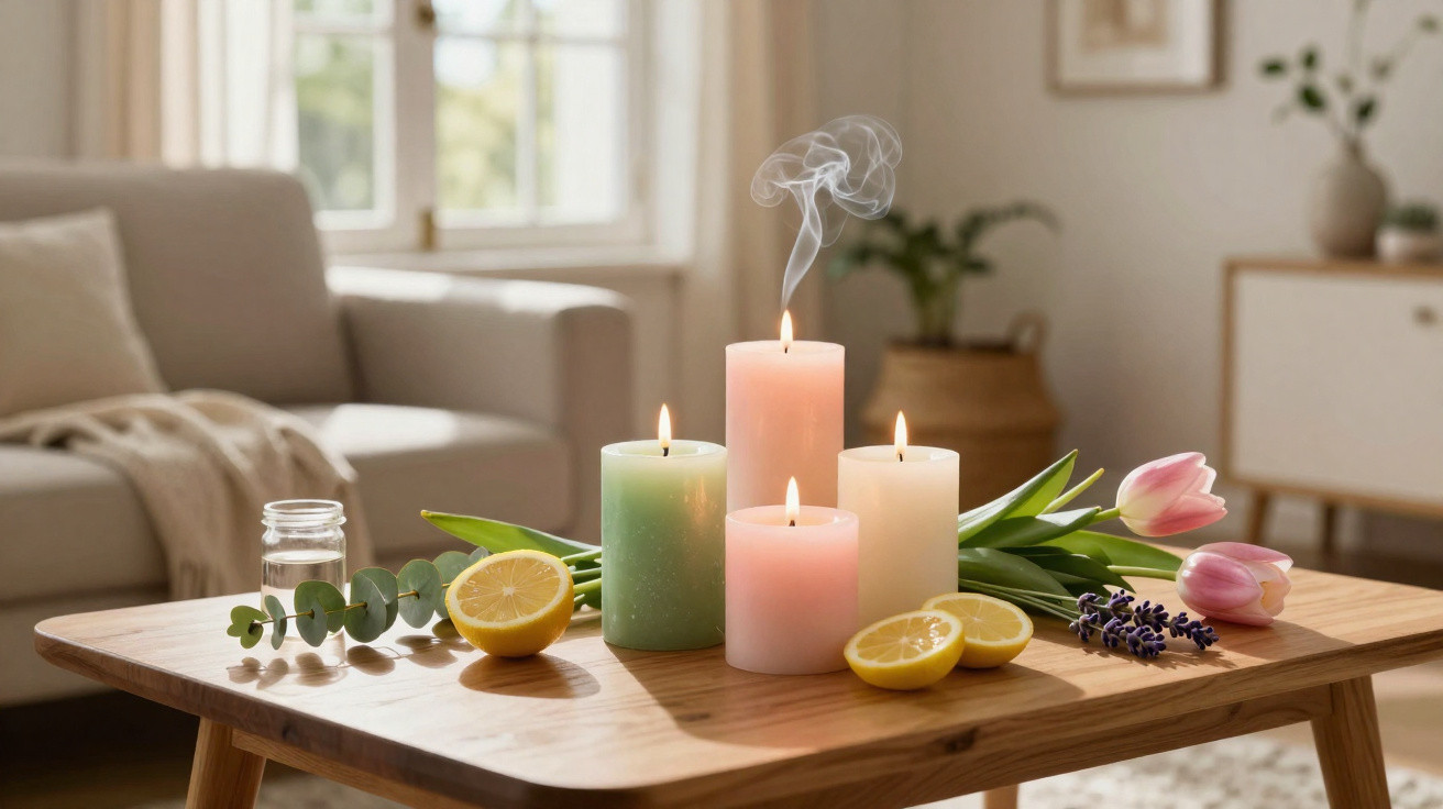 Vier brennende Kerzen, Zitronen, Tulpen und Lavendel auf Holztisch in hellem Wohnzimmer