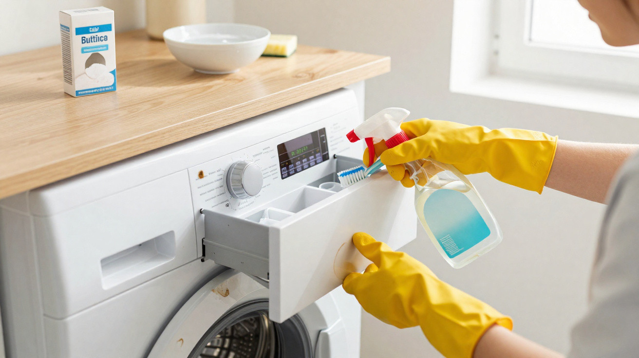 Person mit gelben Handschuhen reinigt Waschmittelschublade einer Waschmaschine mit Bürste und Sprühflasche.