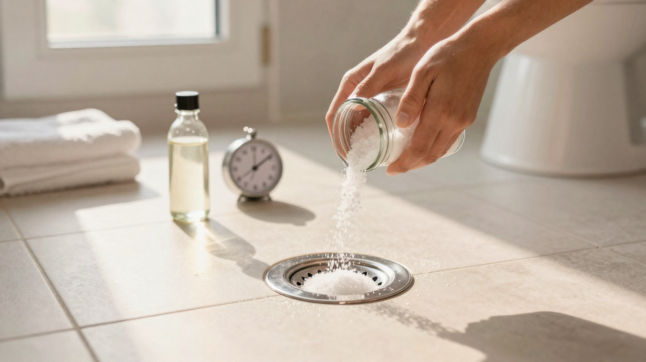 Hände streuen Pulver aus Glas auf den Bodenabfluss im Badezimmer mit Uhr, Ölflasche und Handtüchern im Hintergrund.