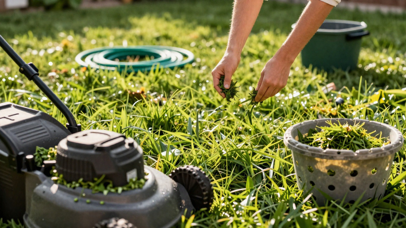 Person entfernt Unkraut von einem mit Gras bewachsenen Gartenboden neben einem Rasenmäher und Eimer.
