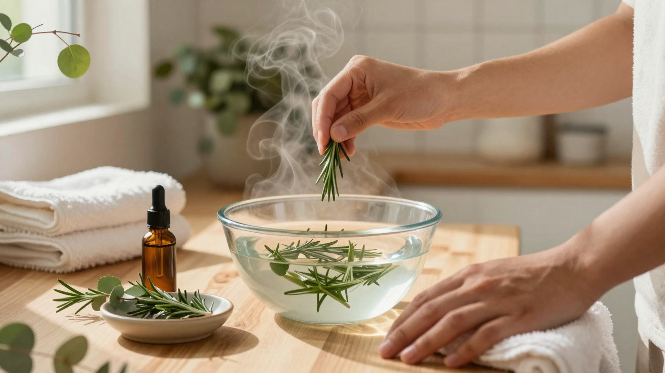 Hand legt frischen Rosmarin in dampfende Schüssel mit Wasser, Aromatherapie und Entspannung zu Hause.