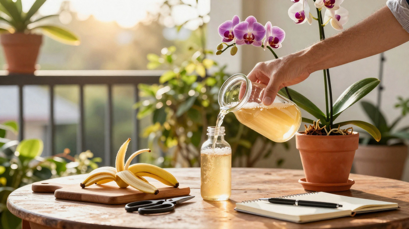 Hand gießt Getränk aus Karaffe in Glasflasche, Tisch mit Bananen, Schere, Notizbuch und Orchidee im Topf.