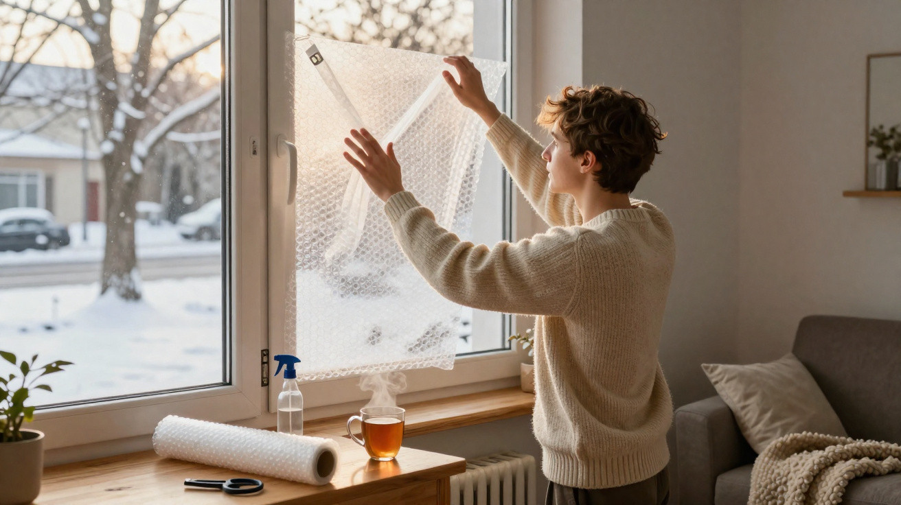Person befestigt Luftpolsterfolie als Wärmeschutz an einem Fenster bei winterlicher Außenszenerie.