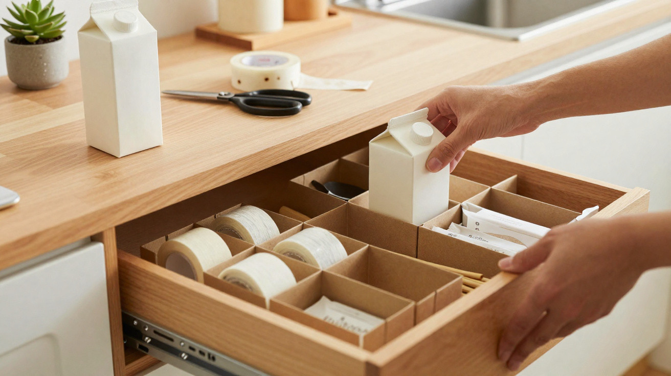 Person organisiert kleine Verpackungen und Rollen mit Tesafilm in einer aufgeräumten Holzküchenschublade.