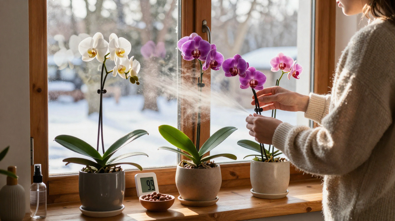 Frau besprüht Orchideen auf Fensterbank mit Schneelandschaft im Hintergrund.