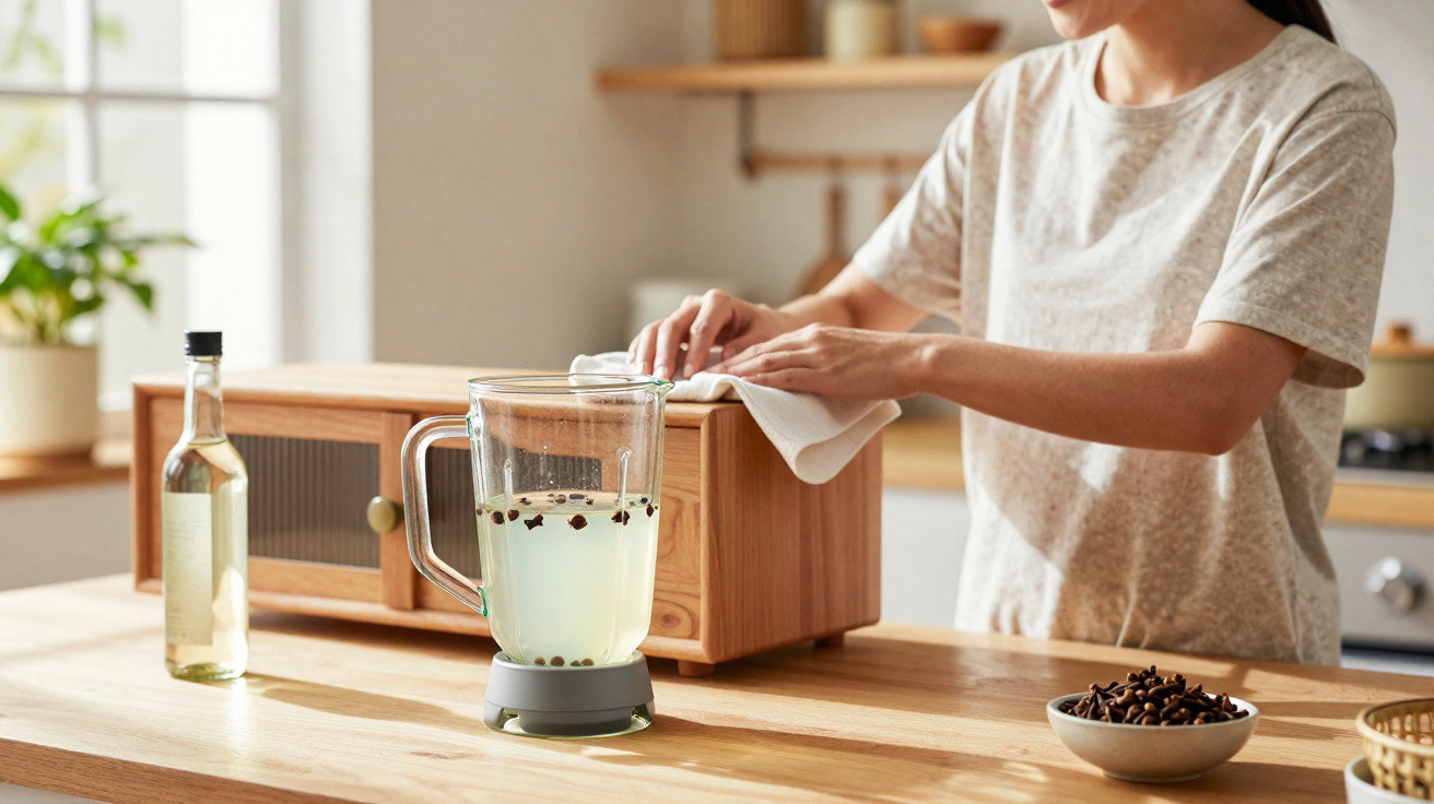 Person wischt ein hölzernes Küchengerät ab, daneben steht ein Mixer mit Flüssigkeit und Gewürzen in einer hellen Küche.