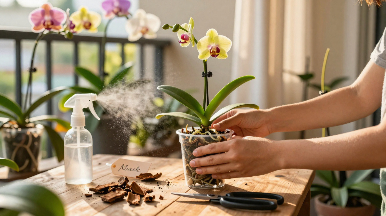 Person besprüht Orchidee mit Sprühflasche auf Holztisch mit Werkzeug und Pflanzenteilen im Sonnenlicht.