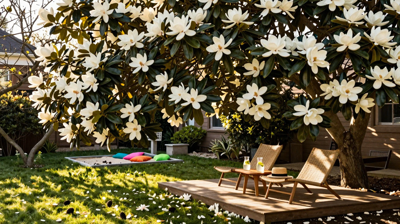 Blühender Magnolienbaum über zwei Liegestühlen mit Getränken auf einer Terrasse im Garten bei Sonnenschein.
