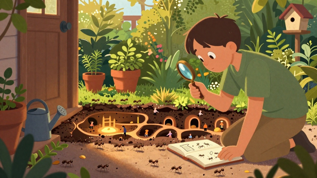 Ein Junge beobachtet mit Lupe und Buch ein Ameisenvolk in einem Garten mit Pflanzen und Vogelhaus.