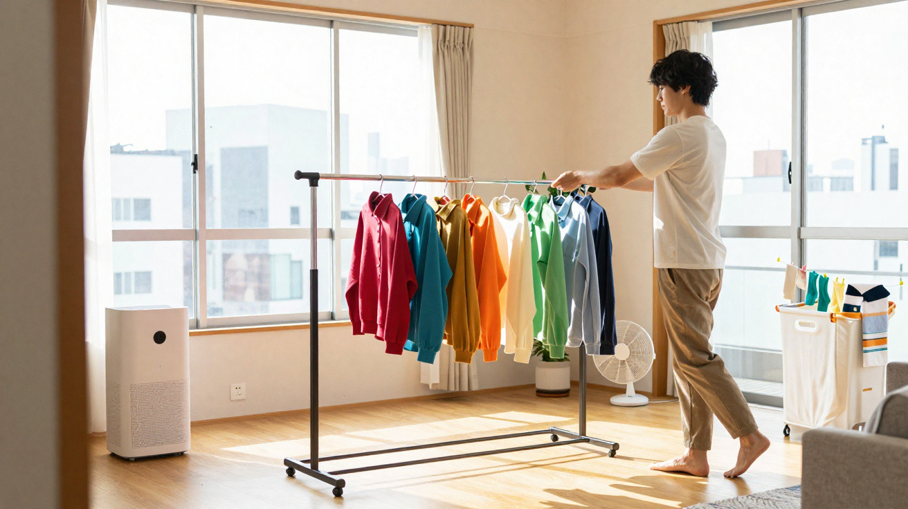 Mann sortiert bunte Pullover an einem Wäscheständer in hellem, modernem Wohnzimmer mit großen Fenstern.