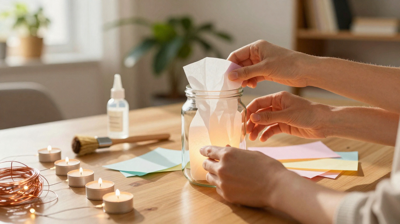 Person legt ein Teelichtglas mit Papier auf einem Tisch mit brennenden Teelichtern und Bastelmaterialien aus