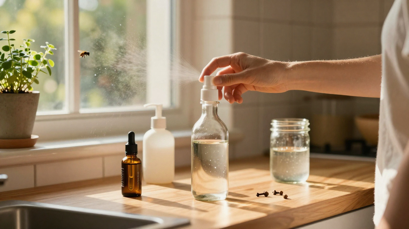 Hand sprüht Flüssigkeit aus einer Glasflasche in Küchenumgebung mit Pflanze am Fenster und fliegender Biene.