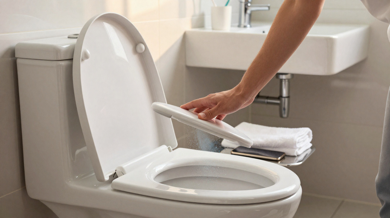 Person reinigt Toilettensitz mit Sprühflasche in hellem Badezimmer neben Waschbecken und Handtuch.