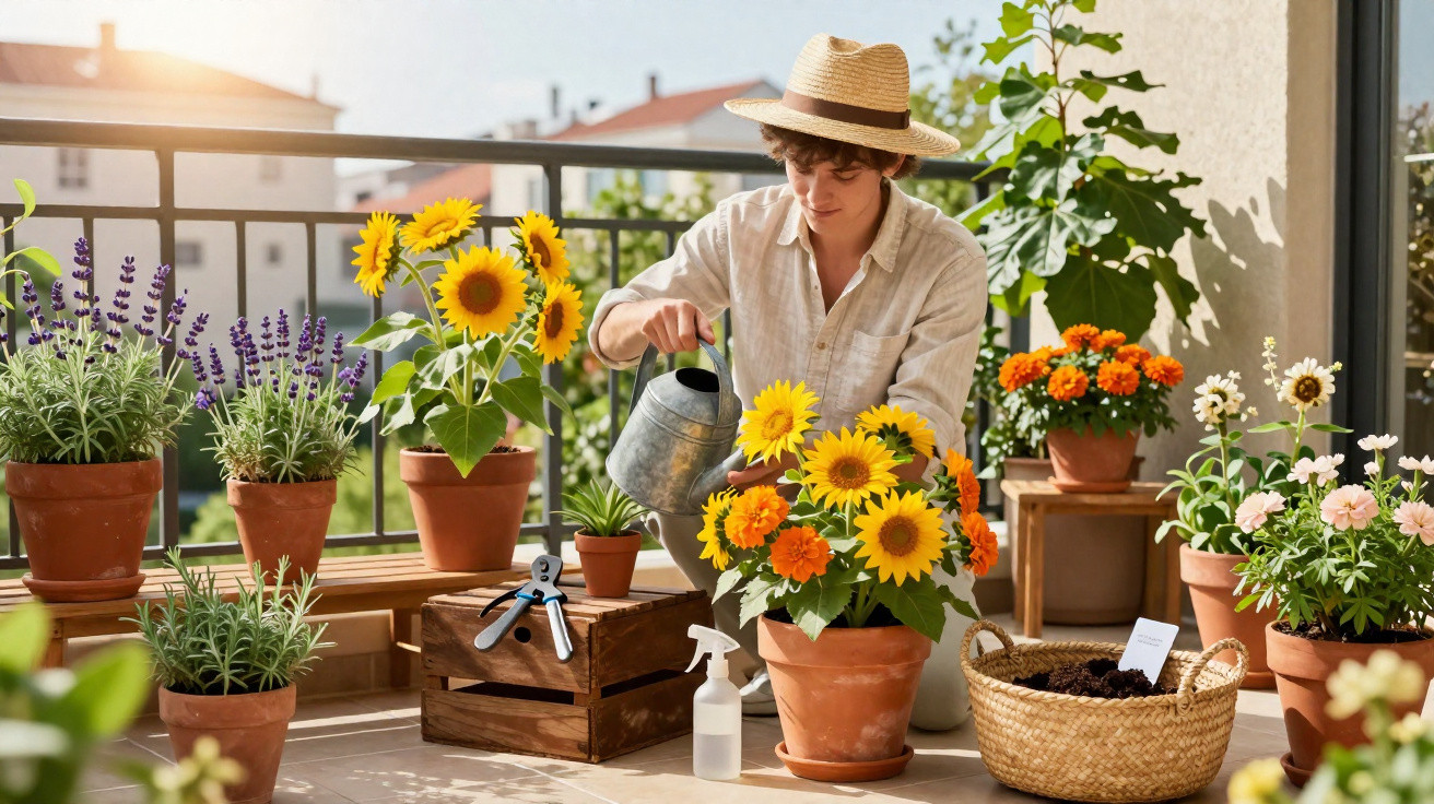 Junge Person mit Strohhut gießt Sonnenblumen in Töpfen auf einem sonnigen Balkon voller Blumen.